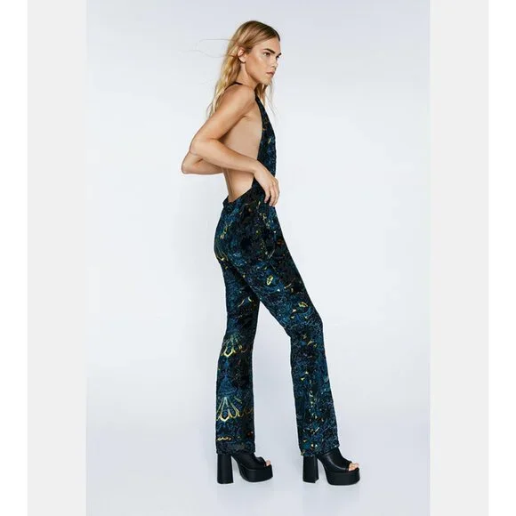 🦋🔥💋UBER GORGE!💋🦋🔥70's Inspired Floral Devoré Velvet Halter Flared Jumpsuit - Picture 3 of 10